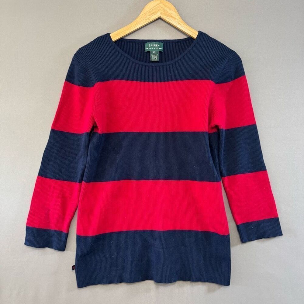 Lauren Ralph Lauren Women’s Striped Cotton Sweater Size XL Navy/Red Color